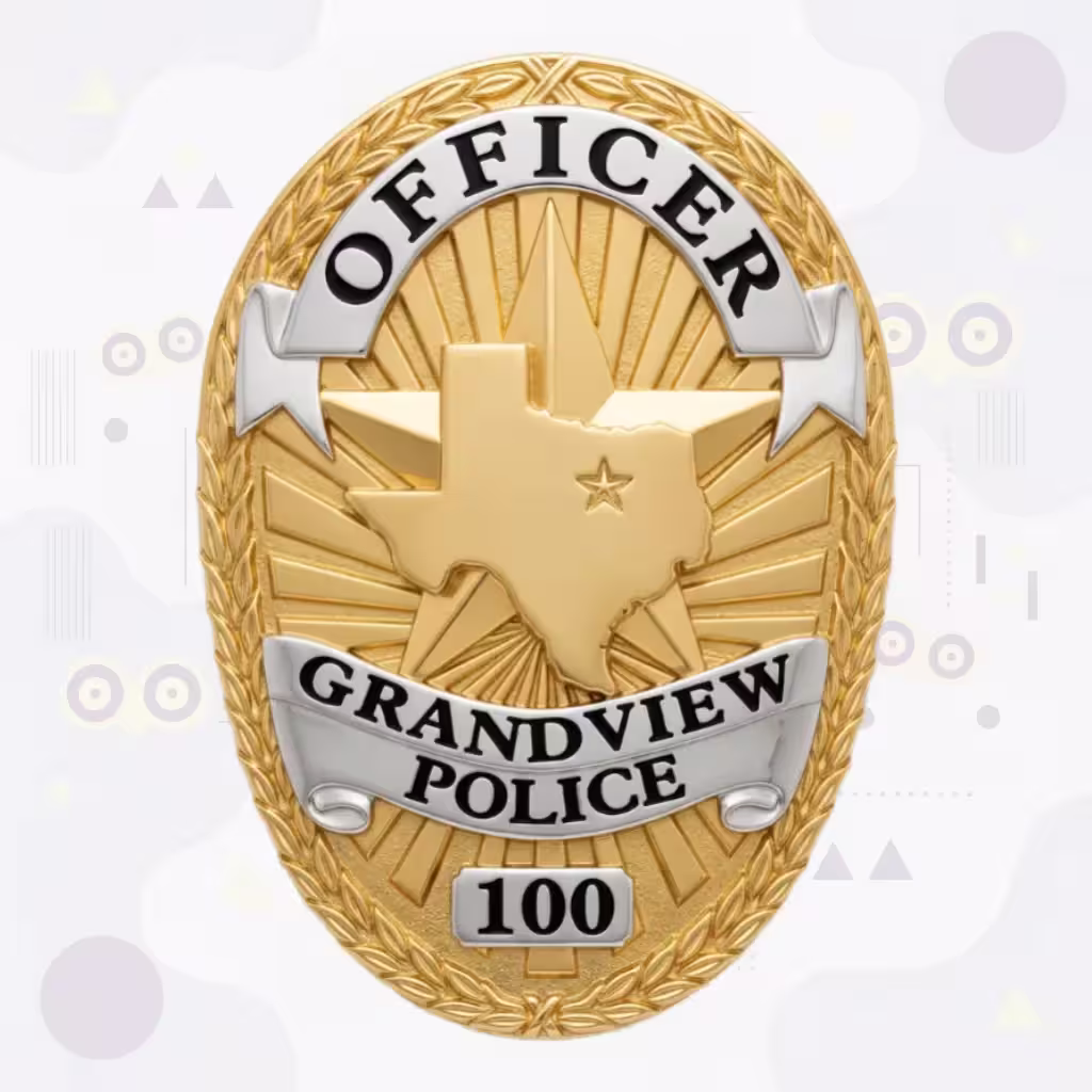 Grandview Police Badge with Gold Texas Map Star and Silver Banners