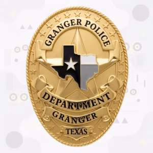 Granger Police Badge with Thin Blue Line Texas Map on Gold Oval