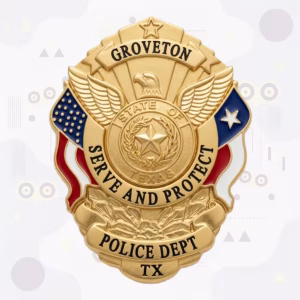 Groveton Police Badge with Gold Winged Crest and Texas Seal