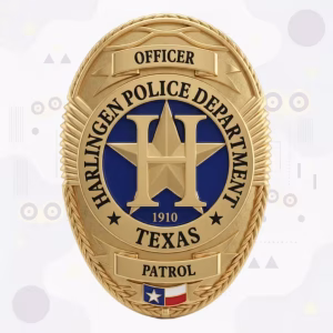 Harlingen Police Badge with Blue Enamel Disc and H Monogram