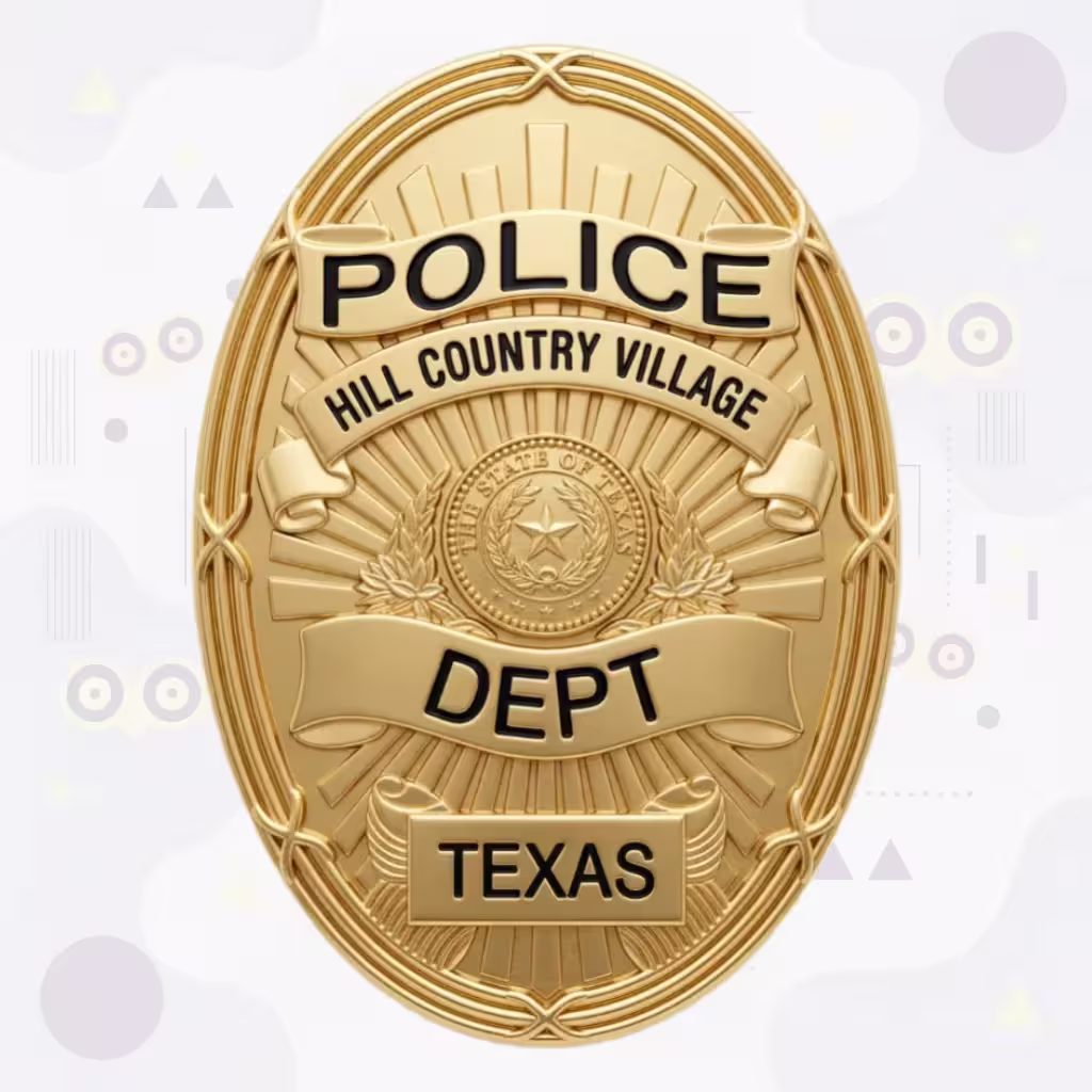 Hill Country Village Police Badge with Gold Oval and Texas Seal