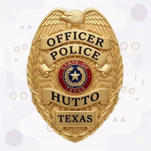 Hutto Police Badge with Gold Eagle-Top Oval and Red Texas Seal