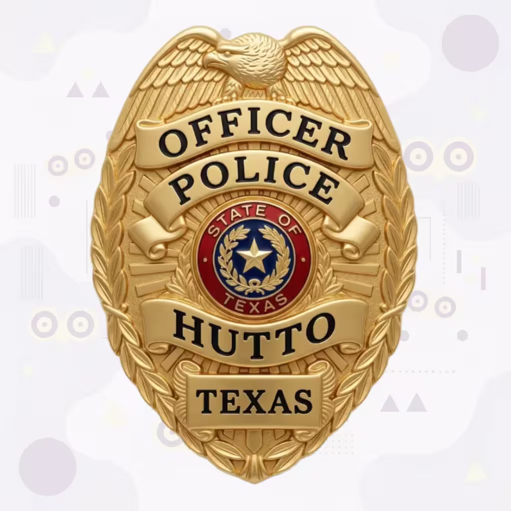 Hutto Police Badge with Gold Eagle-Top Oval and Red Texas Seal