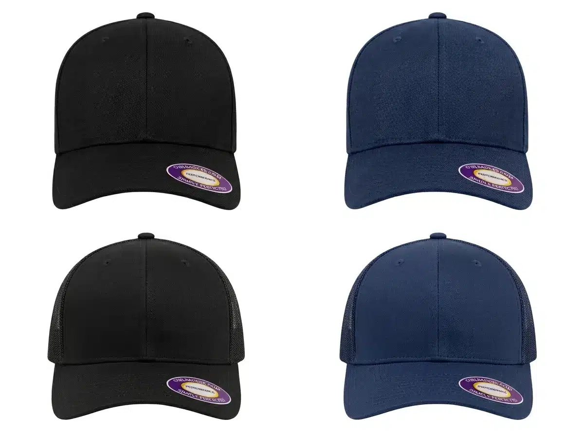 Custom cap color options in black and navy, shown in structured and trucker mesh styles