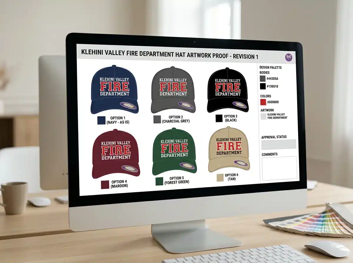 Custom hat artwork proof on screen showing six cap color options awaiting approval before production
