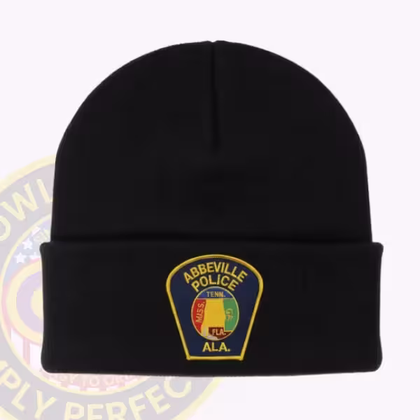 Custom cuffed knit beanie with an applied police department patch on the cuff