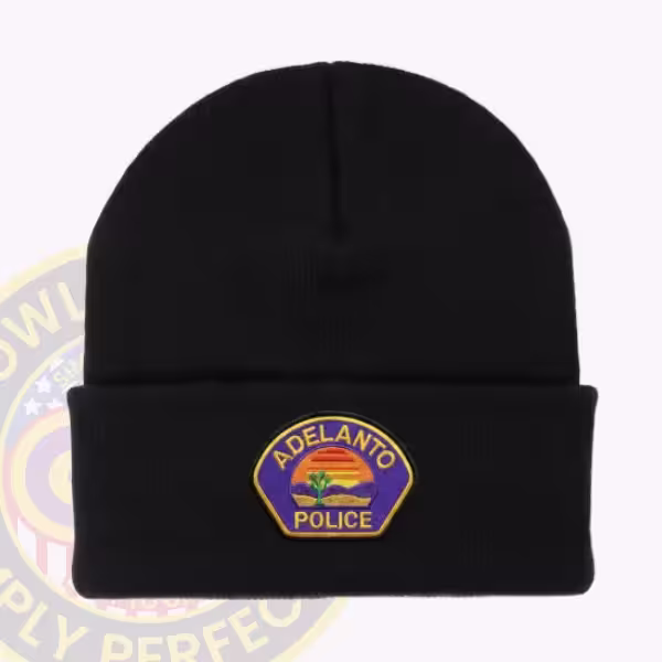 Custom cuffed knit beanie with an applied police patch on the cuff