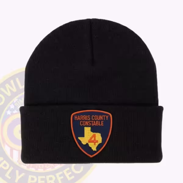 Custom cuffed knit beanie with an applied constable patch on the cuff