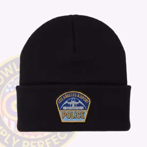 Custom cuffed knit beanie with an applied airport police patch on the cuff
