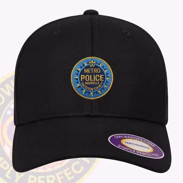Custom structured cap with an applied metropolitan police patch