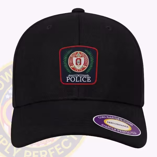 Custom structured cap with an applied campus police patch