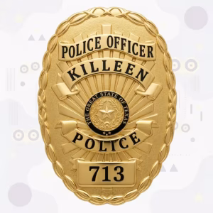 Killeen Police Badge with Black Enamel Banners and Texas Seal