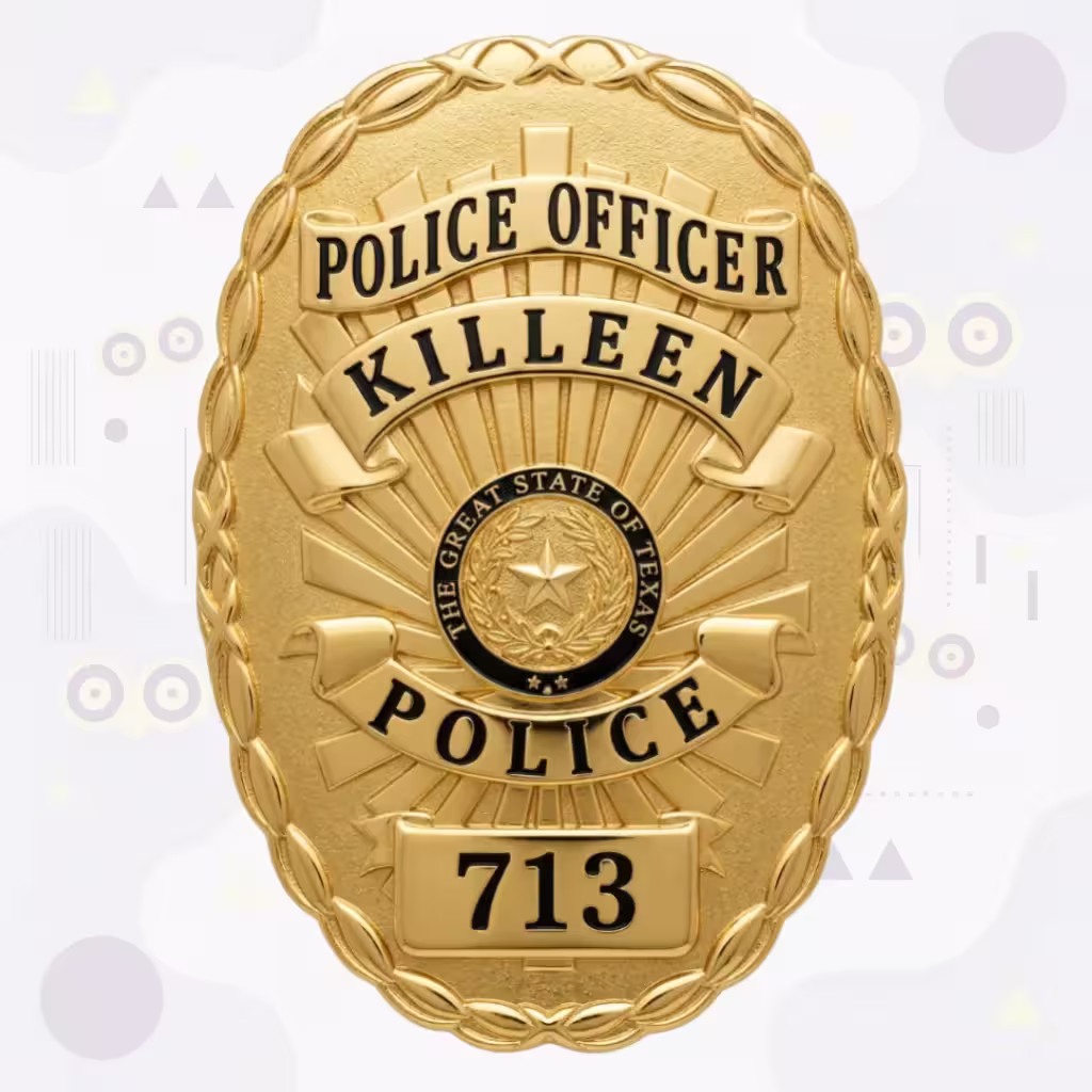 Killeen Police Badge with Black Enamel Banners and Texas Seal