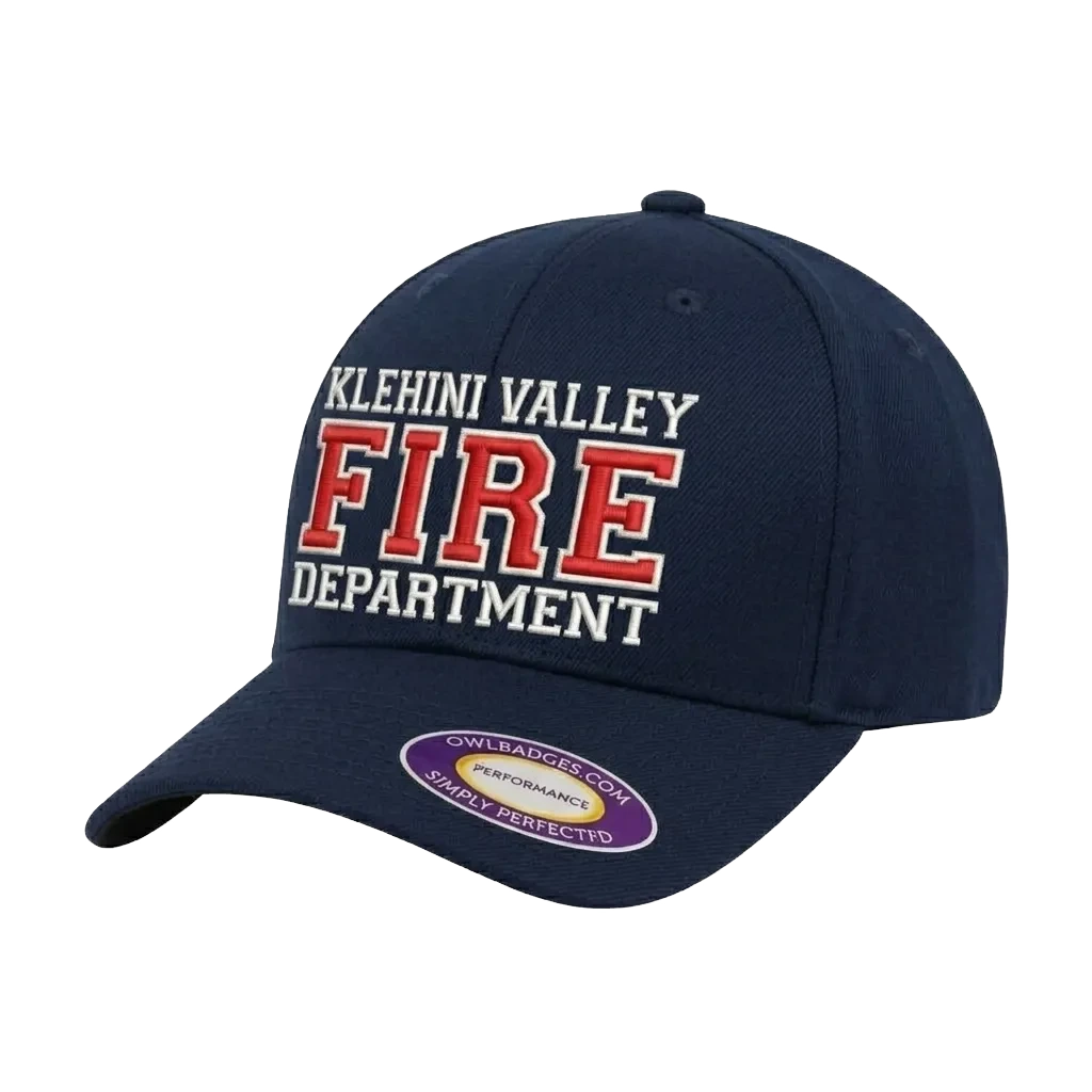 Navy structured cap shown at an angle, showing the raised profile of 3d puff embroidered lettering