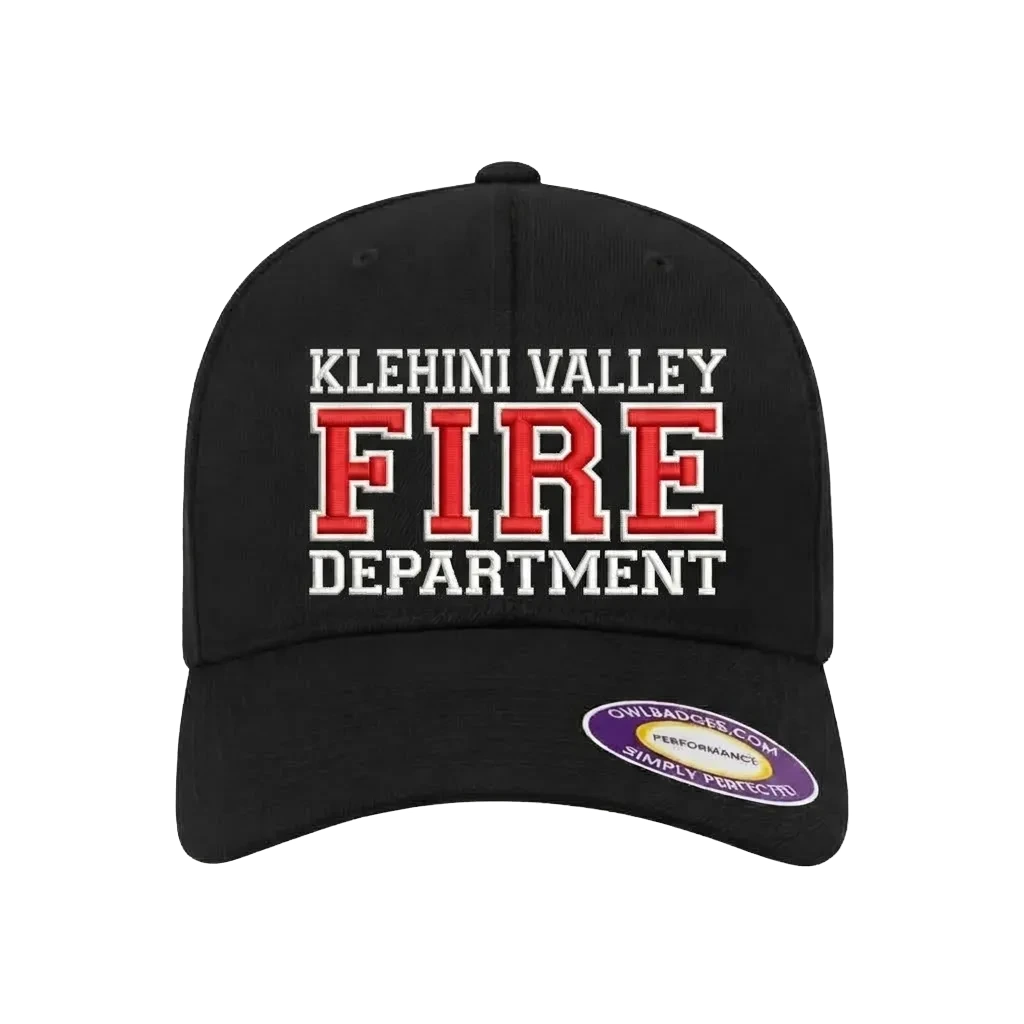 Black structured cap with raised 3d puff embroidered fire department lettering in red with a white outline