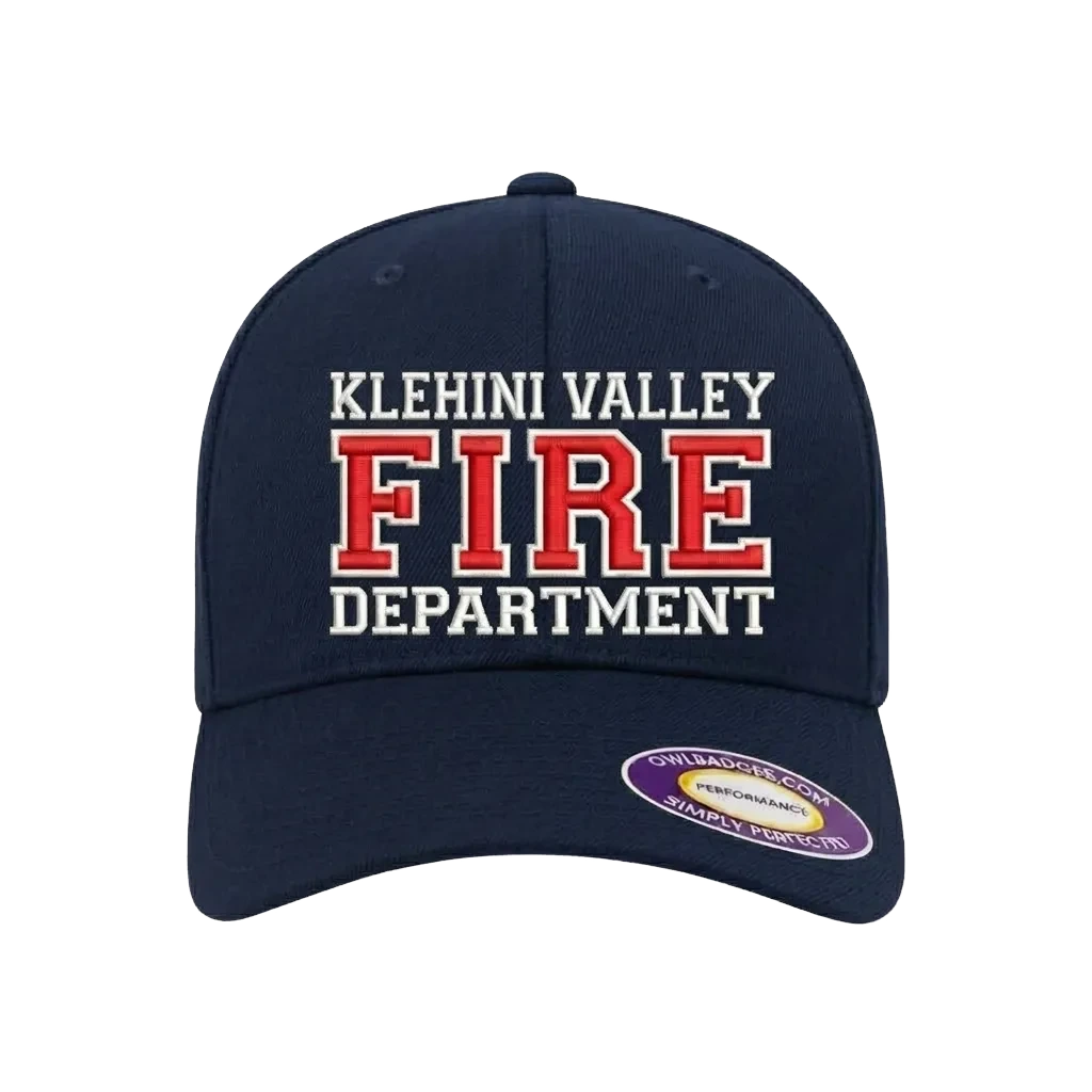 Navy structured cap with raised 3d puff embroidered fire department lettering, front view
