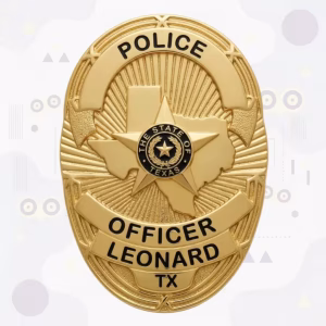 Leonard Police Badge with Texas Map and Black Enamel Seal