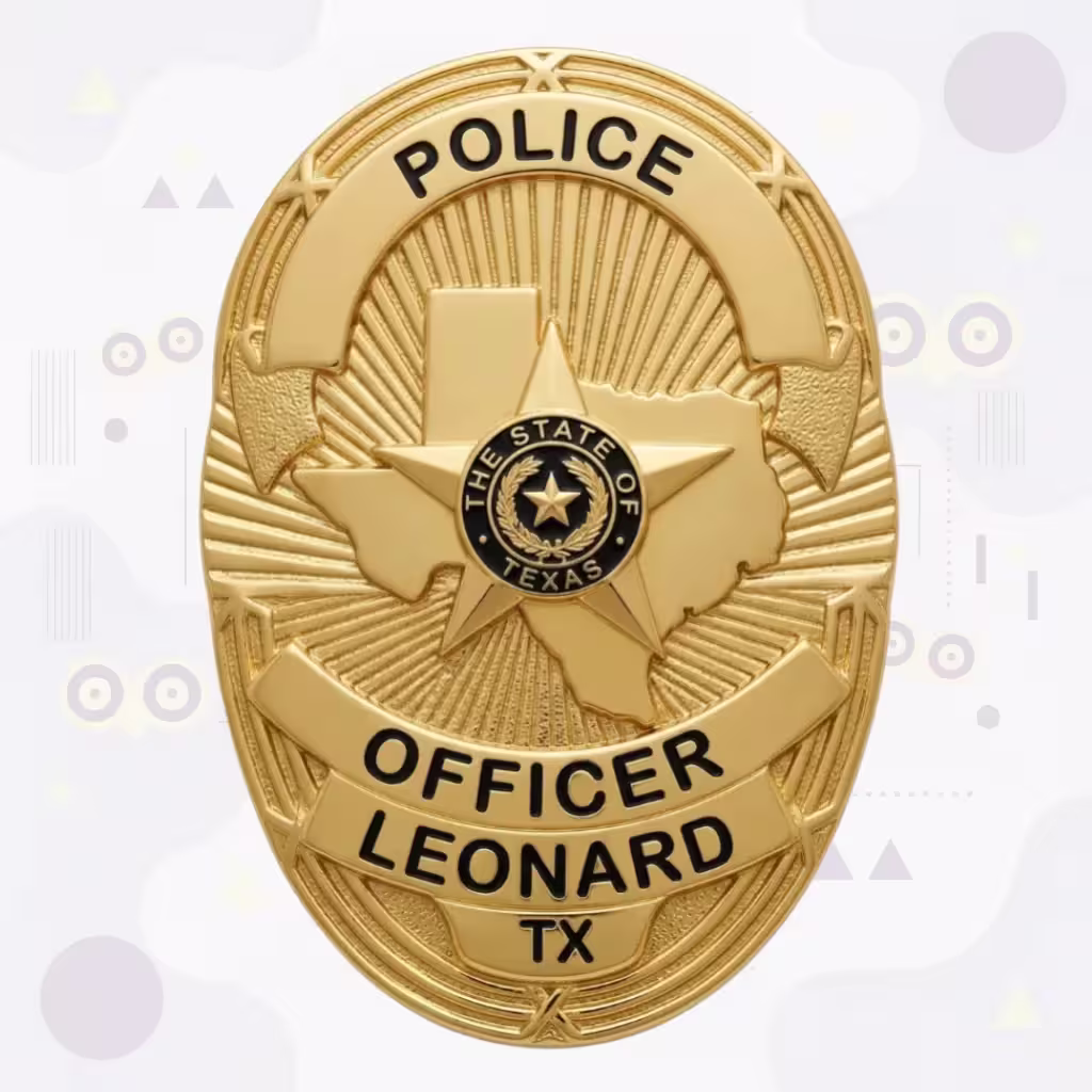 Leonard Police Badge with Texas Map and Black Enamel Seal