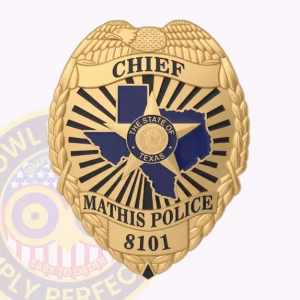 Mathis Police Chief Badge with Blue Texas Map and Badge Number