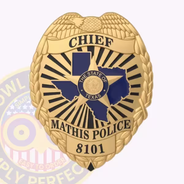 Mathis Police Chief Badge with Blue Texas Map and Badge Number