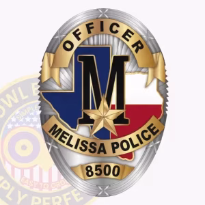 Melissa Police Badge with Texas Flag Map and M Monogram