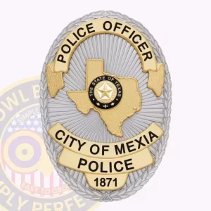 Mexia Police Badge with Gold Texas Map and 1871 Panel