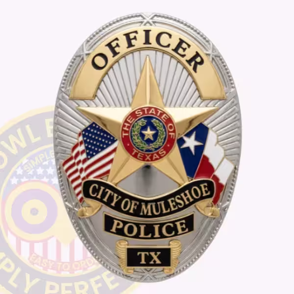 Muleshoe Police Badge with Crossed Flags and State Seal