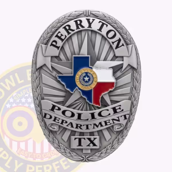 Perryton Police Badge with Laurel Rim and Flag Map