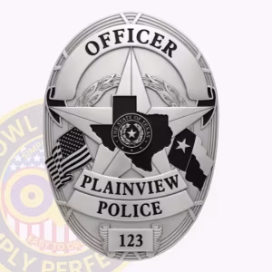 Plainview Police Badge with Black Map and Monochrome Flags