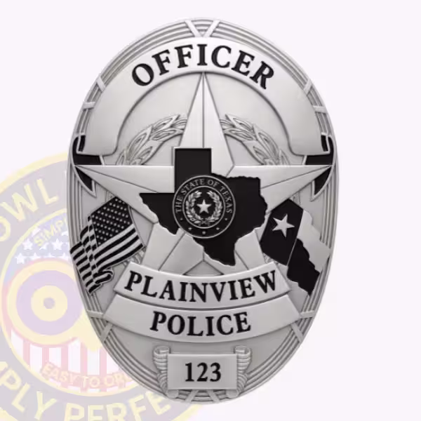 Plainview Police Badge with Black Map and Monochrome Flags