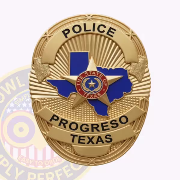 Progreso Police Badge with Blue Texas Map and Gold Star