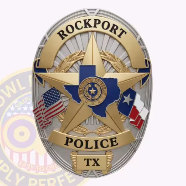 Rockport Police Badge with Blue Map Star and Flags