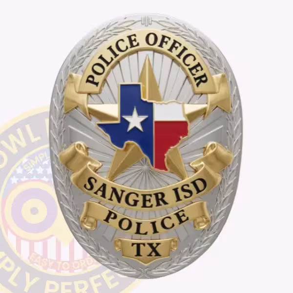 Sanger ISD Police Officer Badge with Flag Map and Star