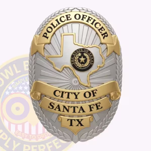 Santa Fe Police Officer Badge with Gold-Edged Texas Map