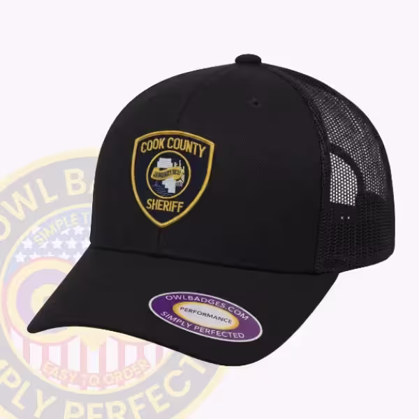 Custom trucker mesh cap with an applied gold sheriff star patch
