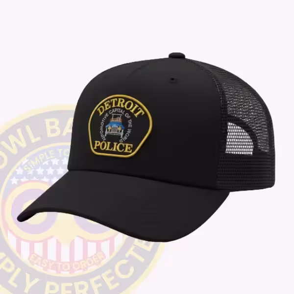 Custom trucker mesh cap with an applied city police patch
