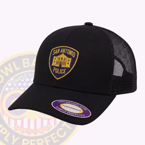 Custom trucker mesh cap with a mesh back panel and an applied police patch