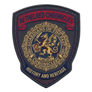 Black shield security patch with a red banner and a gold crest