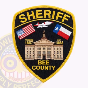 Bee County Sheriff Patch with Courthouse, Aircraft, and US and Texas Flags