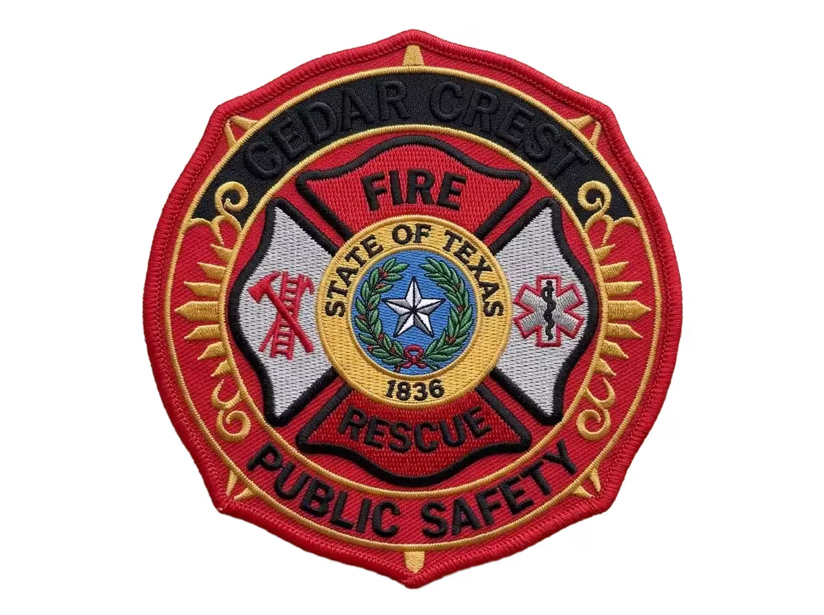 Black and red Maltese cross fire rescue patch with a seal