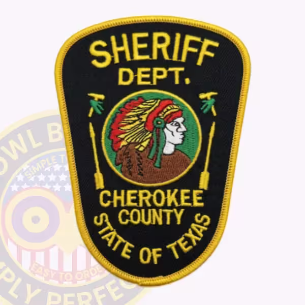 Cherokee County Sheriff Patch with Headdress Portrait on Black Shield
