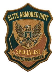 Green and copper shield patch with a gold eagle and castle crest