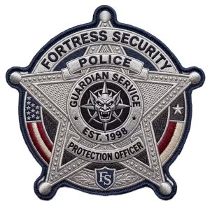 Silver five-point star security patch with a navy ring