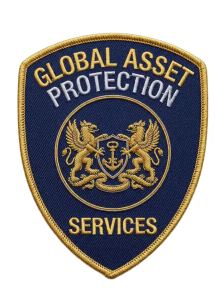 Navy asset protection shield patch with two gold griffins and an anchor