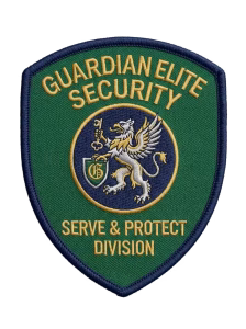 Green and navy shield security patch with a white griffin