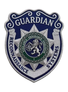 Navy and silver security patch with a star and a green lion seal