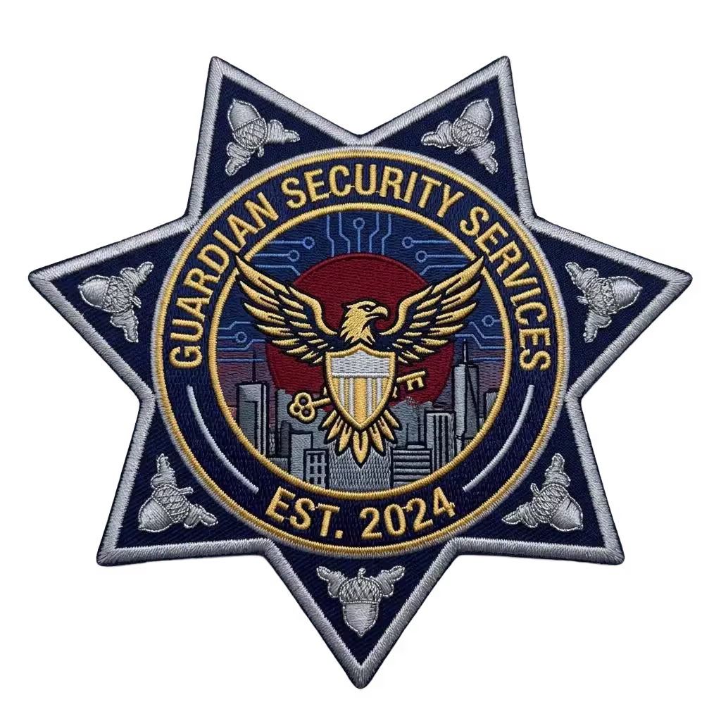 Seven-point star security patch with a gold eagle over a skyline