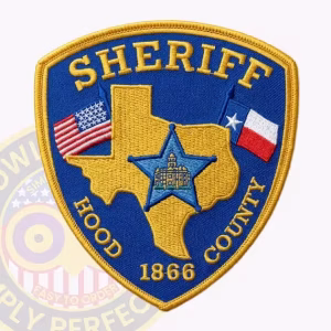 Hood County Sheriff Patch with Light Blue Star on Gold Texas Map