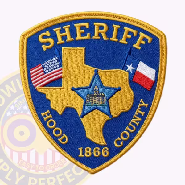 Hood County Sheriff Patch with Light Blue Star on Gold Texas Map