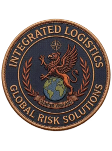 Round navy security patch with a copper griffin on a globe